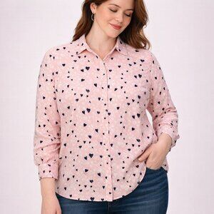 Talbots Women Top Button Blouse Pink Heart Print Roll Tab Sleeve Plus Petite 2Xp